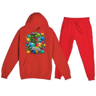 Autism Embrace Differences Dinosaur Trex Puzzle Gift Premium Hooded Sweatsuit Set