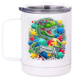 Autism Embrace Differences Dinosaur Trex Puzzle Gift 12 oz Stainless Steel Tumbler Cup