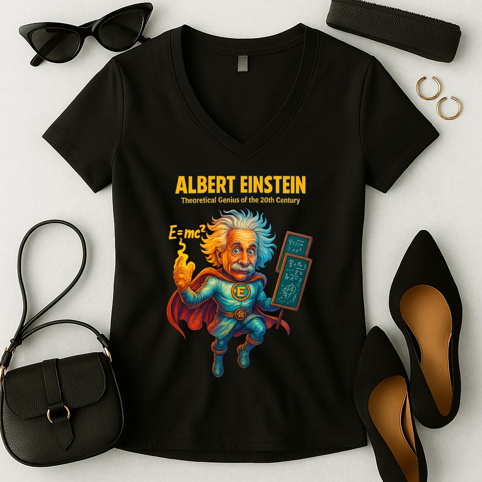 Albert Einstein E-MC2 Cartoon Superhero Comic Style Women's V-Neck T-Shirt