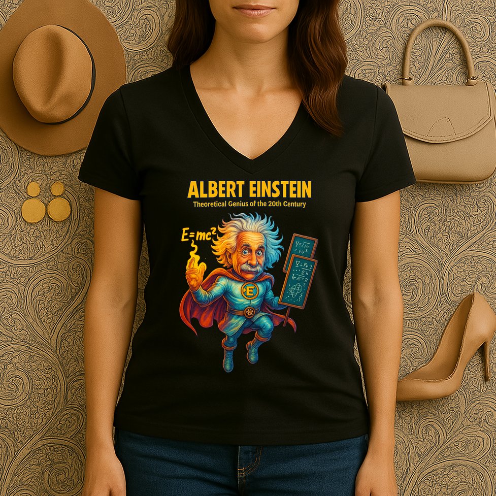 Albert Einstein E-MC2 Cartoon Superhero Comic Style Women's V-Neck T-Shirt