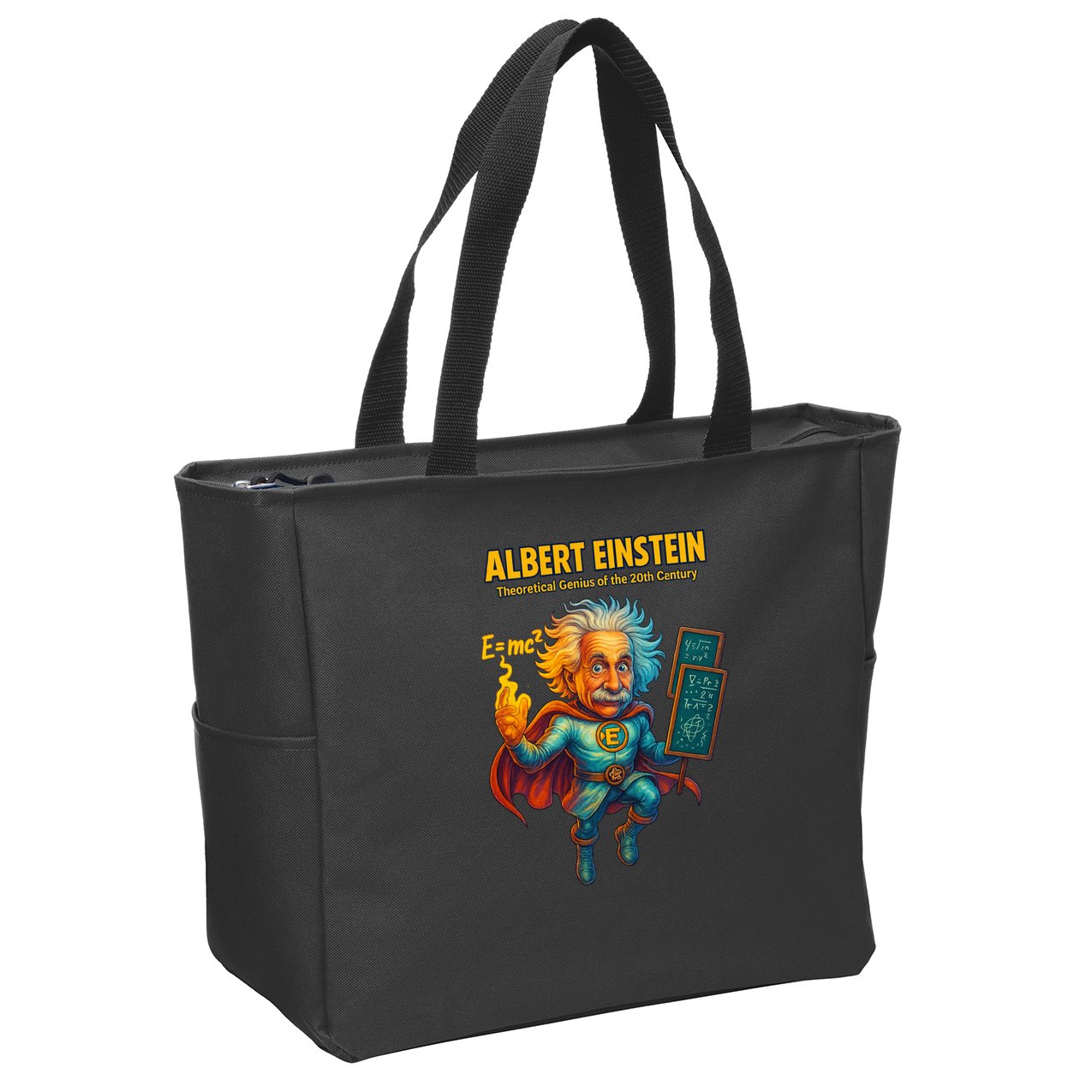 Albert Einstein E-MC2 Cartoon Superhero Comic Style Zip Tote Bag