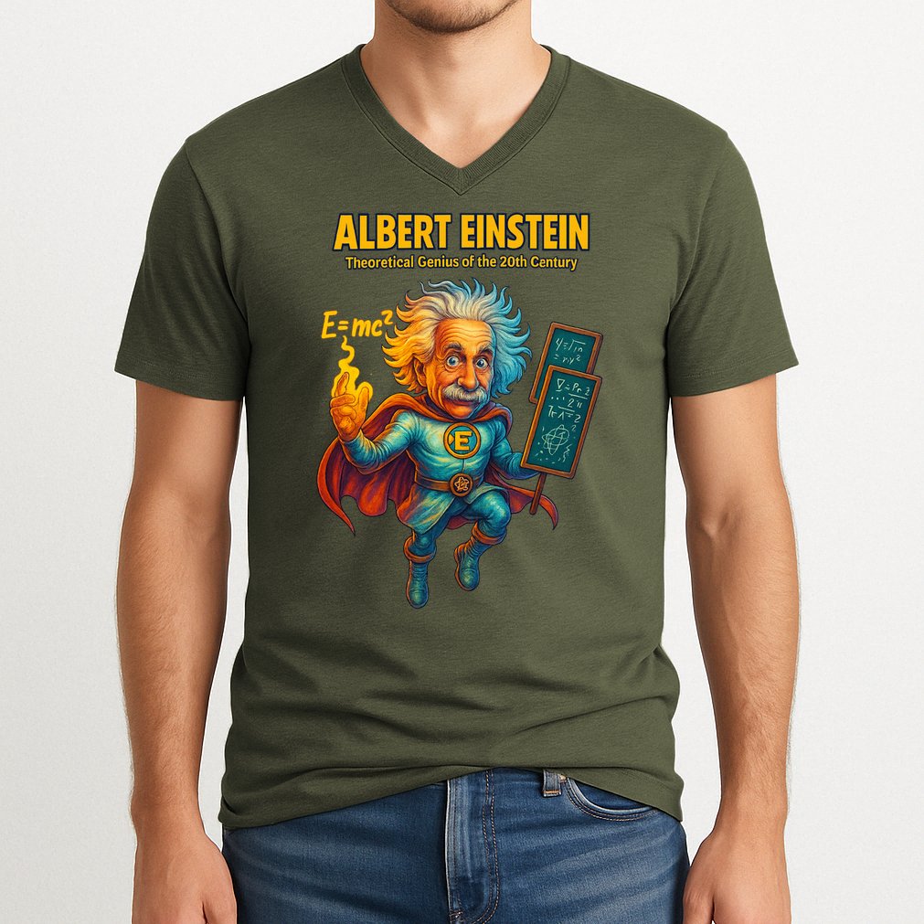Albert Einstein E-MC2 Cartoon Superhero Comic Style V-Neck T-Shirt