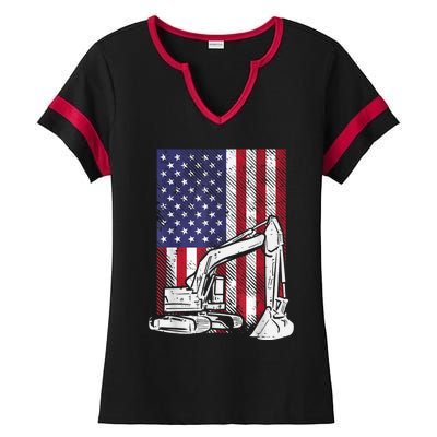 American Excavator Fourth 4th Of July Kids Ladies Halftime Notch Neck Tee