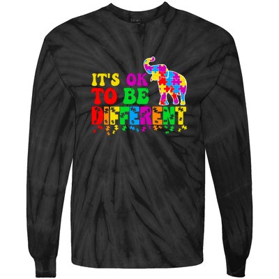 Autism Elephant It's Ok To Be Different Puzzle Autism Awareness Month Tie-Dye Long Sleeve Shirt