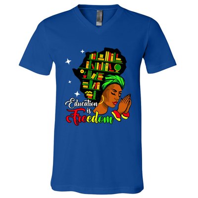 Africa Education Is Freedom Library Book Black Juneteenth Gift V-Neck T-Shirt