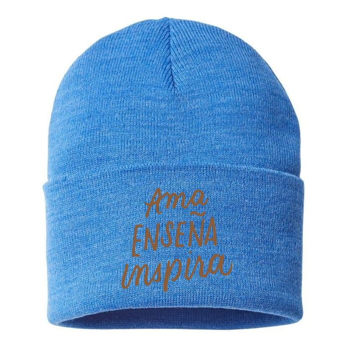 Ama Ensena Inspira Love Teach Inspire Spanish Teacher Funny Gift Sustainable Knit Beanie