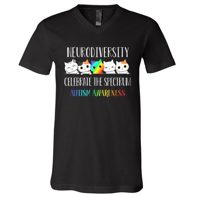 Autism Embrace Neurodiversity Celebrate The Spectrum Cat V-Neck T-Shirt