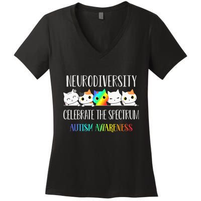 Autism Embrace Neurodiversity Celebrate The Spectrum Cat Women's V-Neck T-Shirt