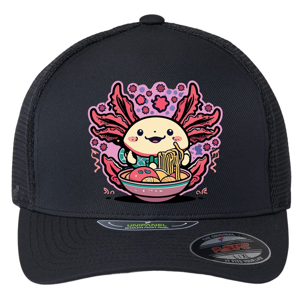 Axolotl Eating Ramen Noodles Cup Pi.nk Kawaii Anime Axolotls Flexfit Unipanel Trucker Cap