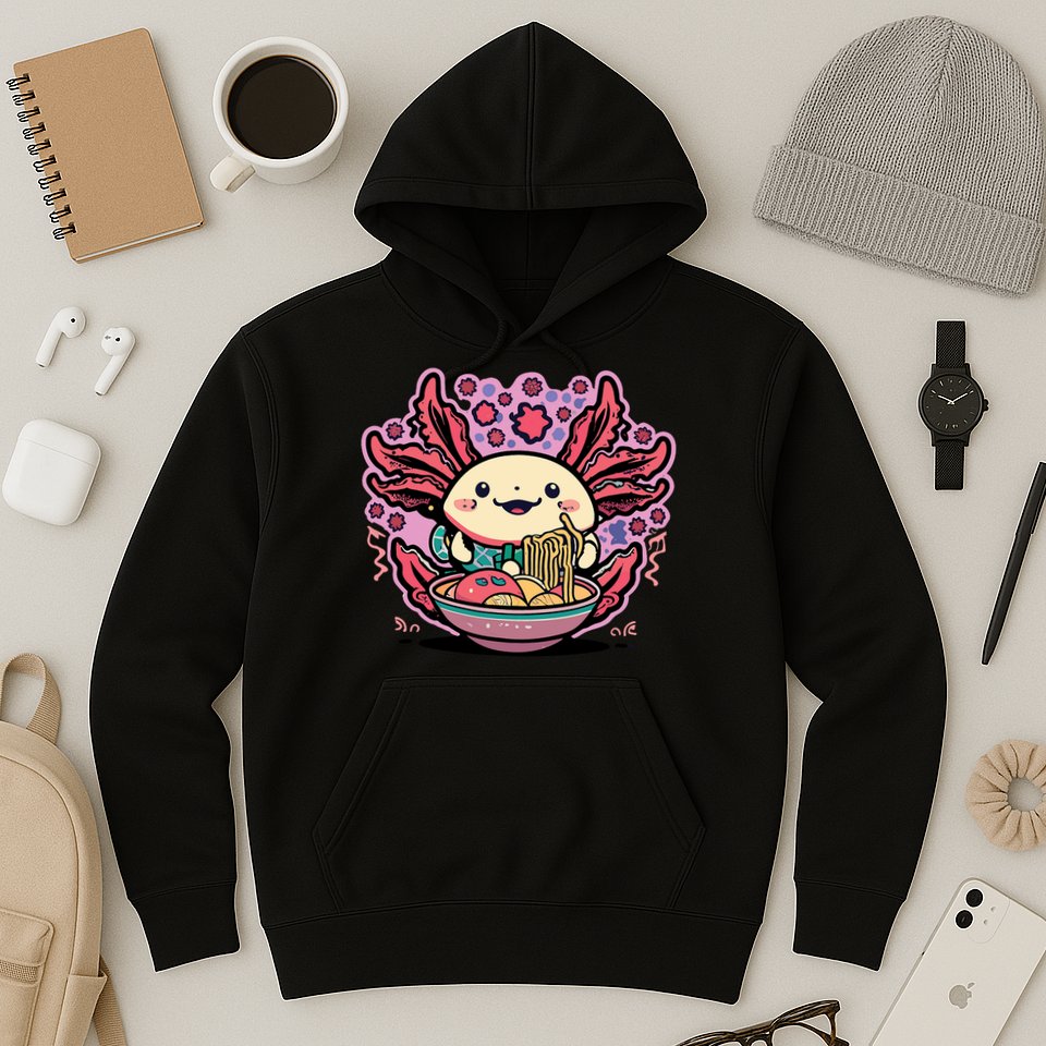 Axolotl Eating Ramen Noodles Cup Pi.nk Kawaii Anime Axolotls Hoodie