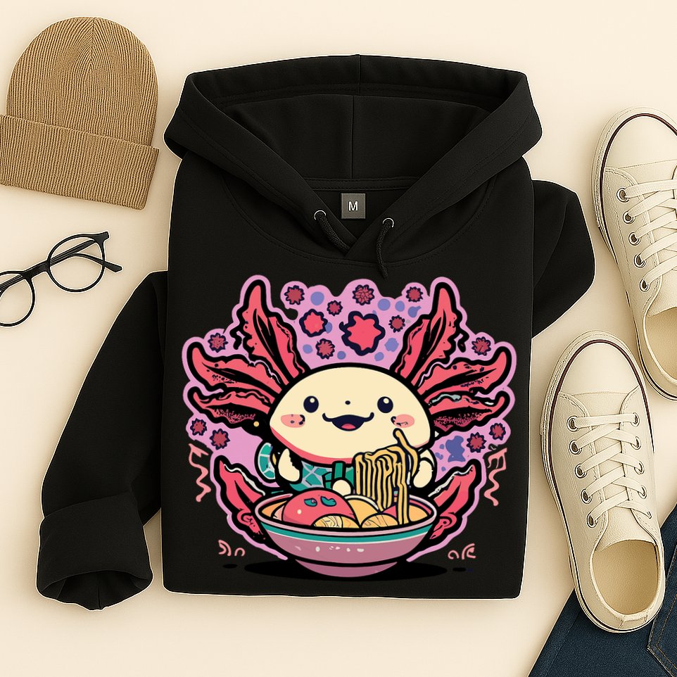 Axolotl Eating Ramen Noodles Cup Pi.nk Kawaii Anime Axolotls Hoodie