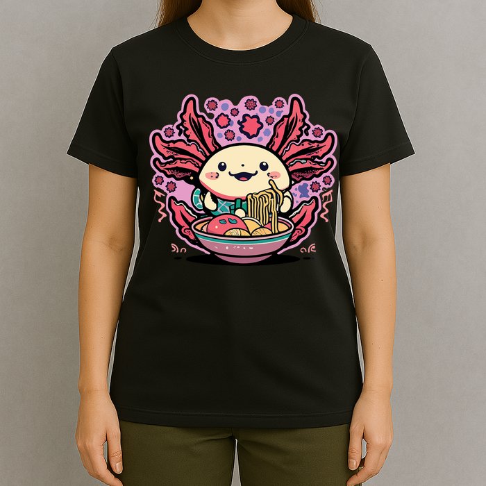 Axolotl Eating Ramen Noodles Cup Pi.nk Kawaii Anime Axolotls T-Shirt