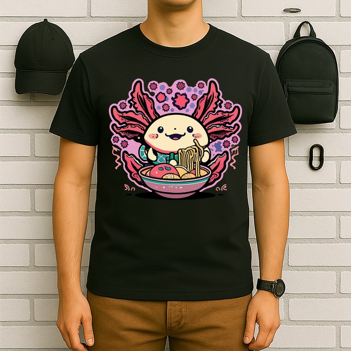 Axolotl Eating Ramen Noodles Cup Pi.nk Kawaii Anime Axolotls T-Shirt