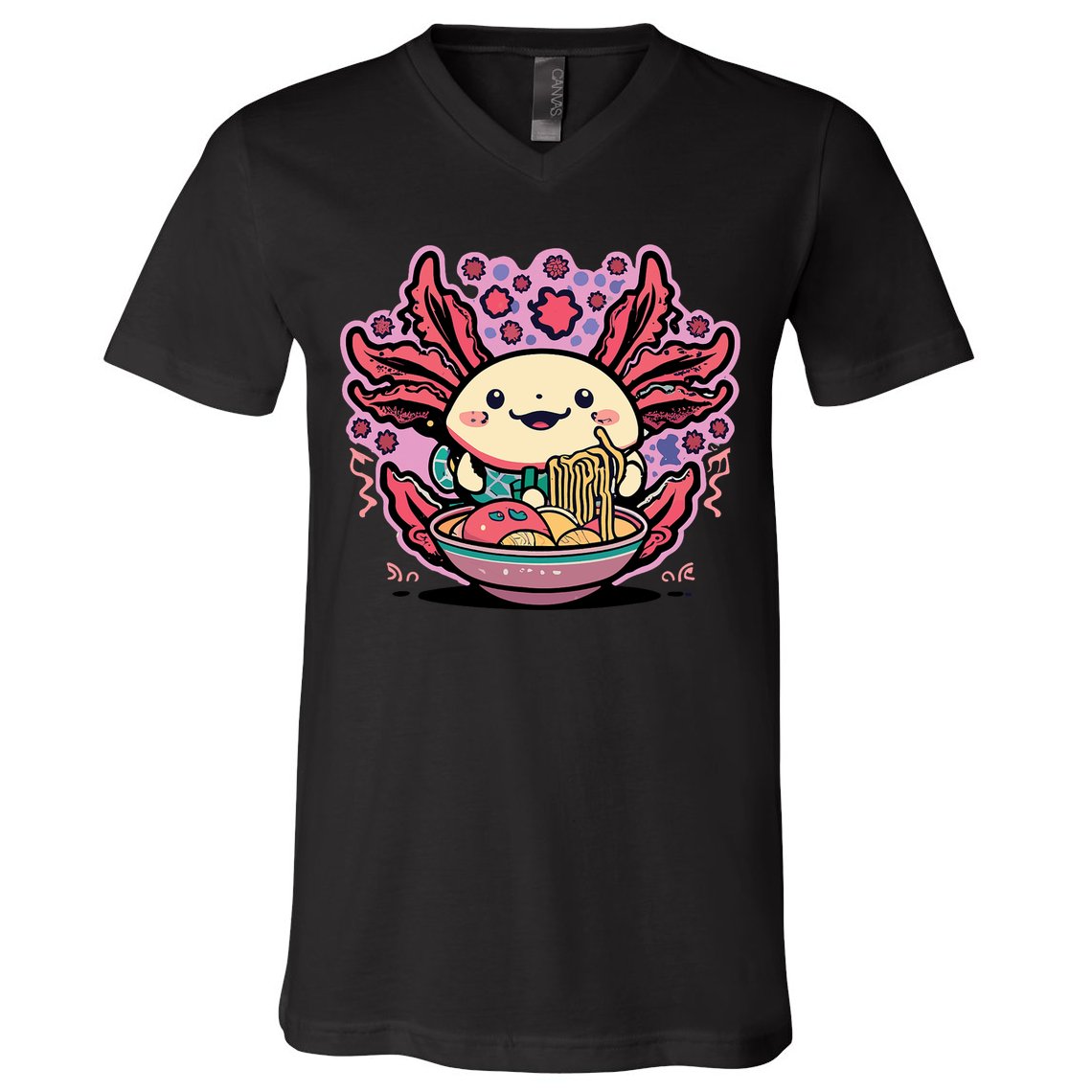 Axolotl Eating Ramen Noodles Cup Pi.nk Kawaii Anime Axolotls V-Neck T-Shirt