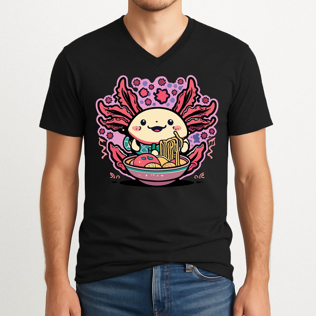 Axolotl Eating Ramen Noodles Cup Pi.nk Kawaii Anime Axolotls V-Neck T-Shirt