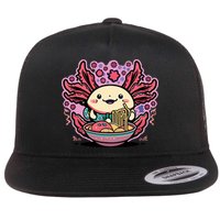 Axolotl Eating Ramen Noodles Cup Pi.nk Kawaii Anime Axolotls Flat Bill Trucker Hat