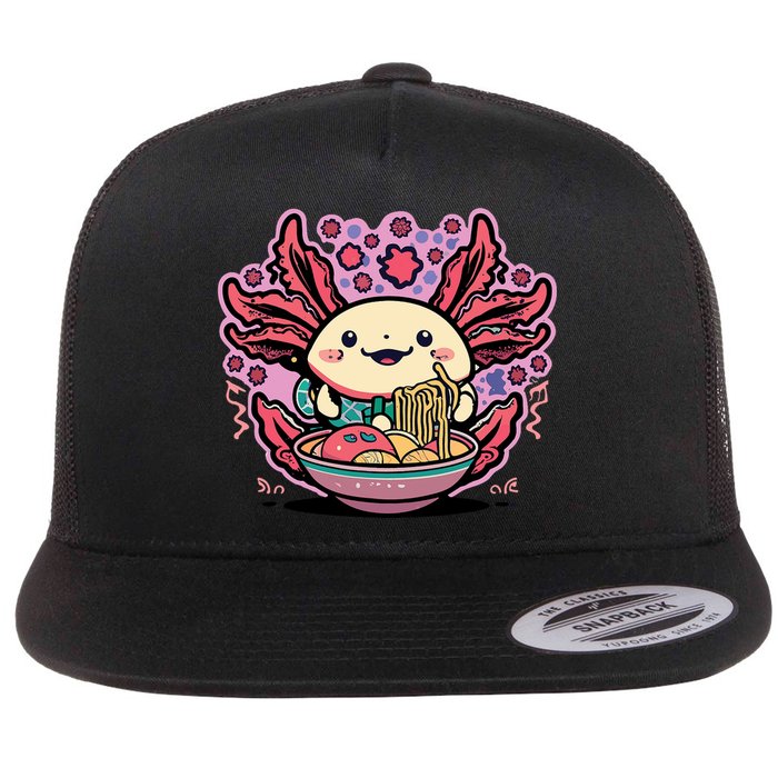 Axolotl Eating Ramen Noodles Cup Pi.nk Kawaii Anime Axolotls Flat Bill Trucker Hat