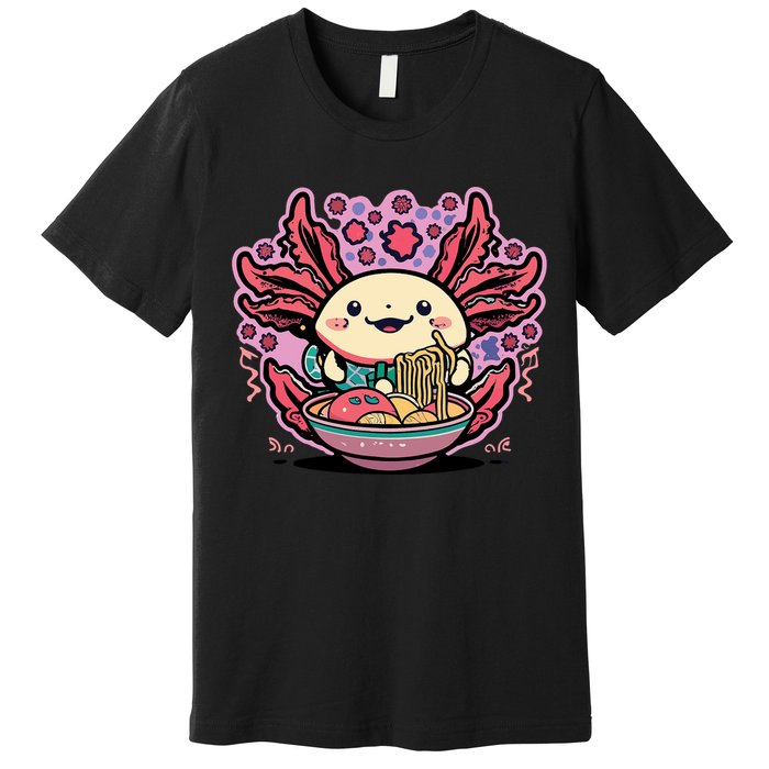 Axolotl Eating Ramen Noodles Cup Pi.nk Kawaii Anime Axolotls Premium T-Shirt