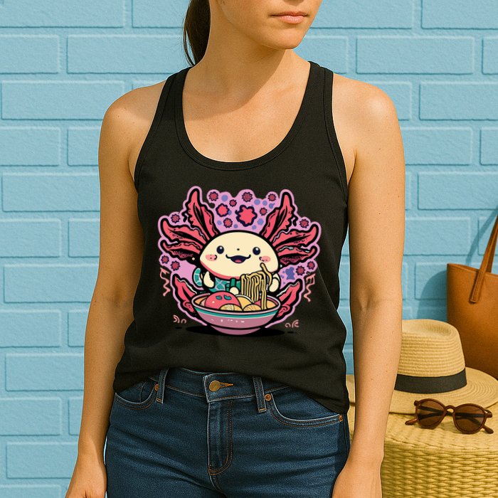 Axolotl Eating Ramen Noodles Cup Pi.nk Kawaii Anime Axolotls Womens Tank Top