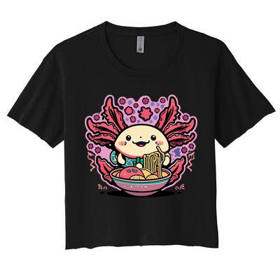 Axolotl Eating Ramen Noodles Cup Pi.nk Kawaii Anime Axolotls Women's Crop Top Tee