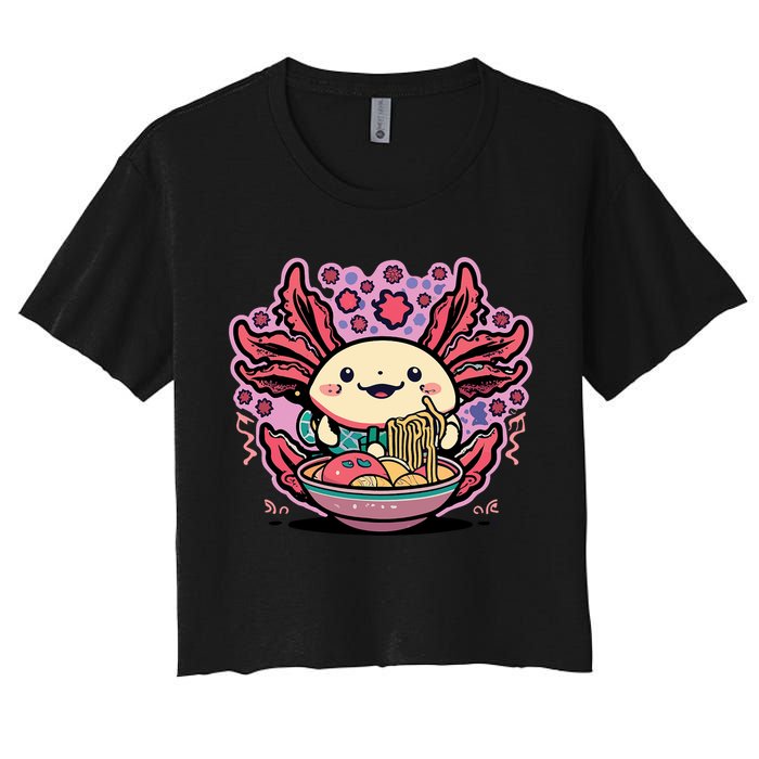 Axolotl Eating Ramen Noodles Cup Pi.nk Kawaii Anime Axolotls Women's Crop Top Tee