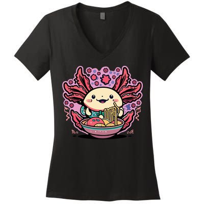 Axolotl Eating Ramen Noodles Cup Pi.nk Kawaii Anime Axolotls Women's V-Neck T-Shirt