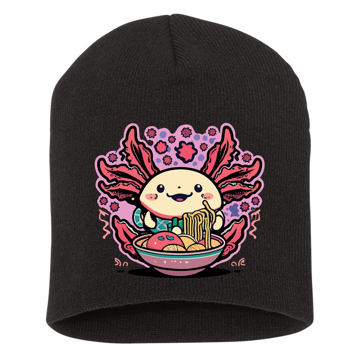 Axolotl Eating Ramen Noodles Cup Pi.nk Kawaii Anime Axolotls Short Acrylic Beanie