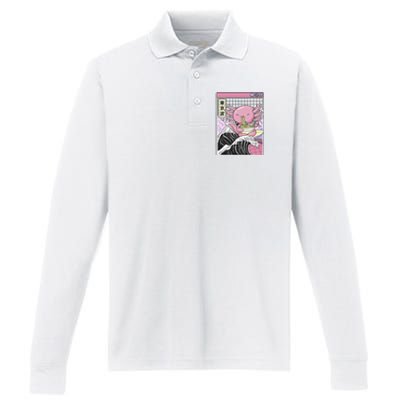 Axolotl Eating Ra Kanagawa Wave Kawaii Japan Vaporwave  Performance Long Sleeve Polo