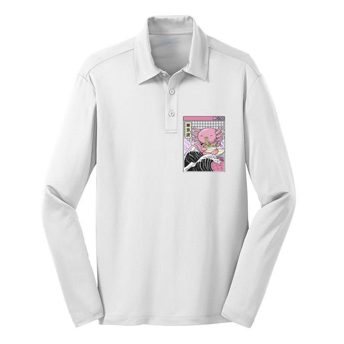 Axolotl Eating Ra Kanagawa Wave Kawaii Japan Vaporwave  Silk Touch Performance Long Sleeve Polo