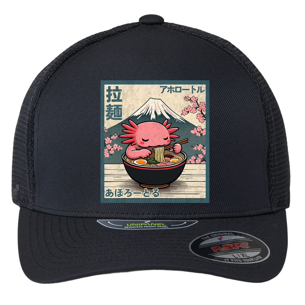Axolotl Eating Ramen Retro Japanese Kawaii Anime Flexfit Unipanel Trucker Cap