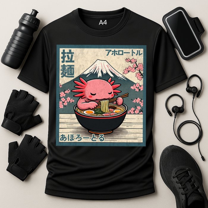 Axolotl Eating Ramen Retro Japanese Kawaii Anime Cooling Performance Crew T-Shirt