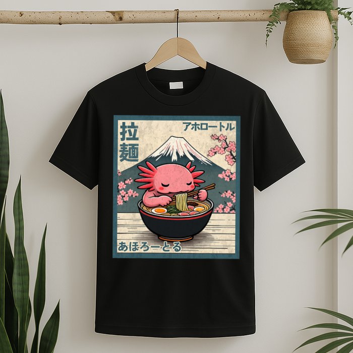 Axolotl Eating Ramen Retro Japanese Kawaii Anime T-Shirt