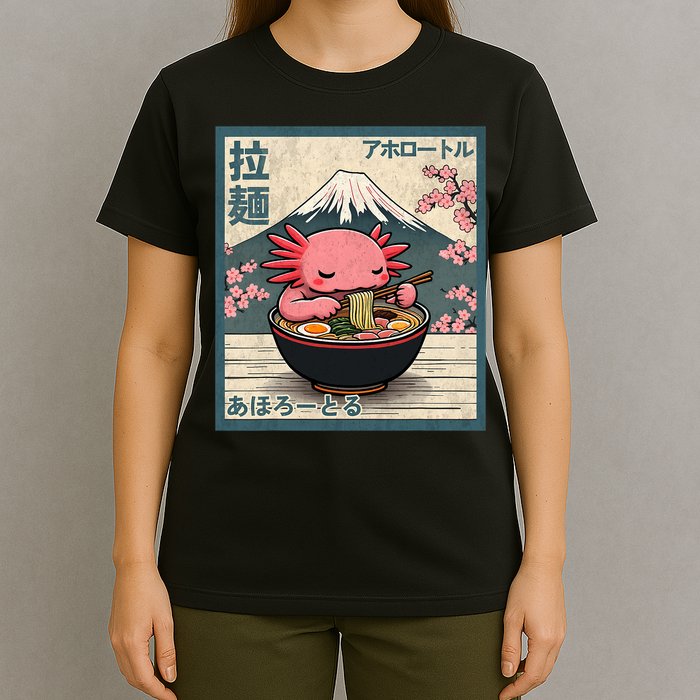 Axolotl Eating Ramen Retro Japanese Kawaii Anime T-Shirt