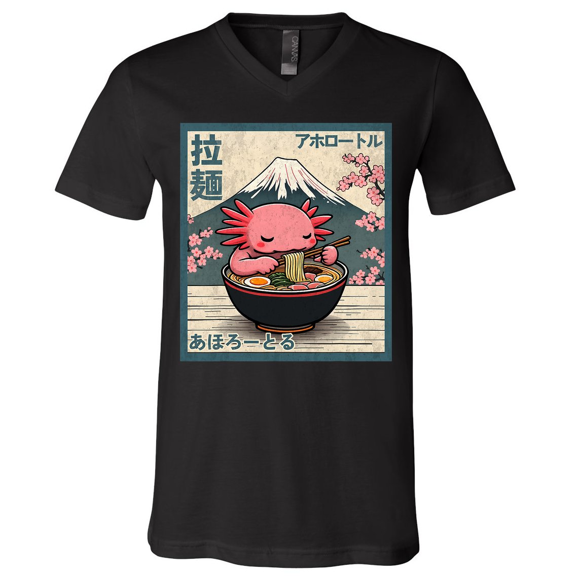 Axolotl Eating Ramen Retro Japanese Kawaii Anime V-Neck T-Shirt