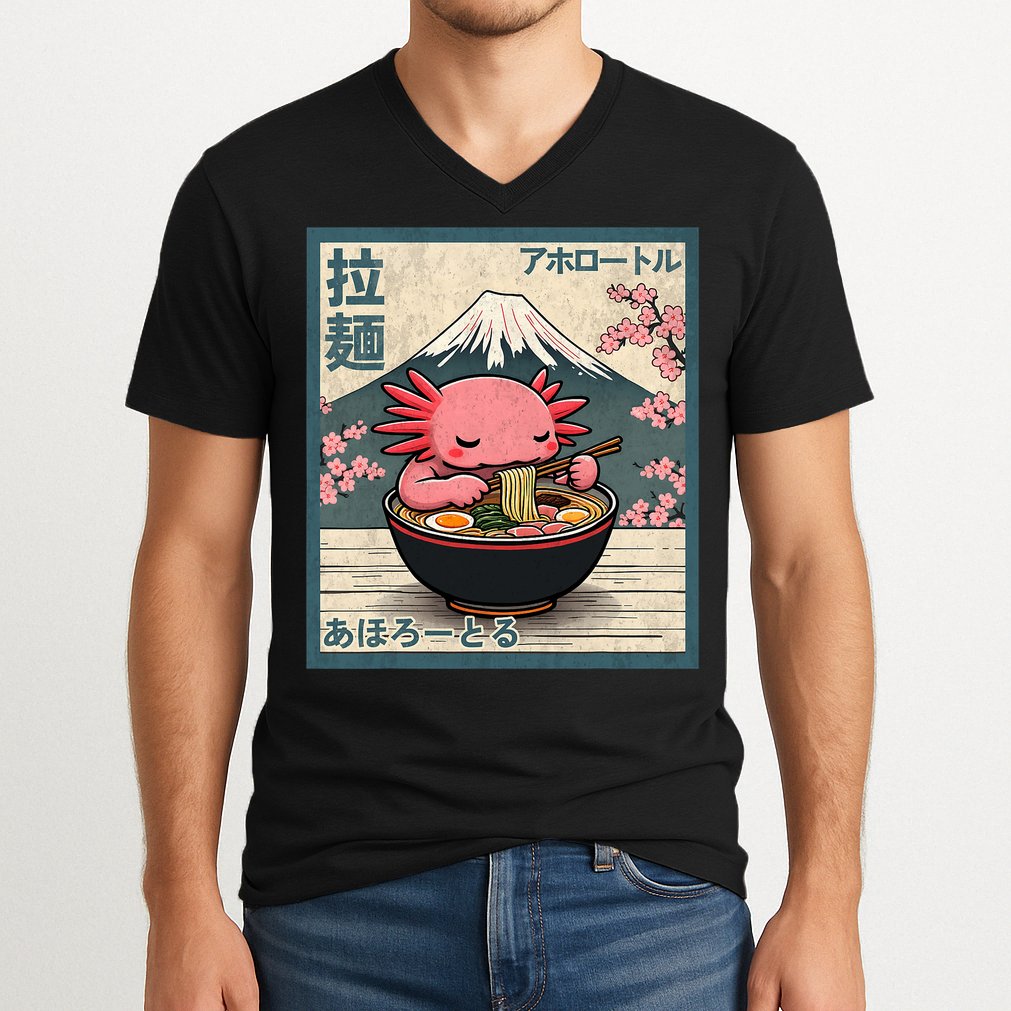 Axolotl Eating Ramen Retro Japanese Kawaii Anime V-Neck T-Shirt