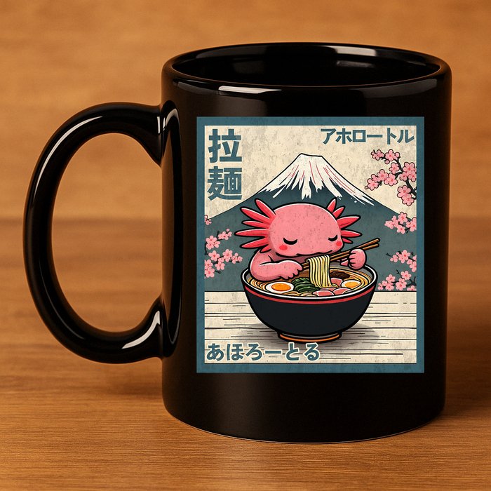 Axolotl Eating Ramen Retro Japanese Kawaii Anime 11oz C Handle Ceramic Mug