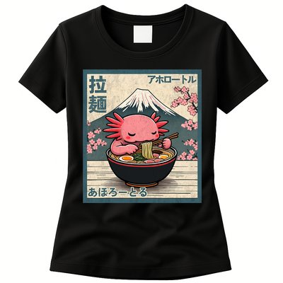 Axolotl Eating Ramen Retro Japanese Kawaii Anime Womens T-Shirt