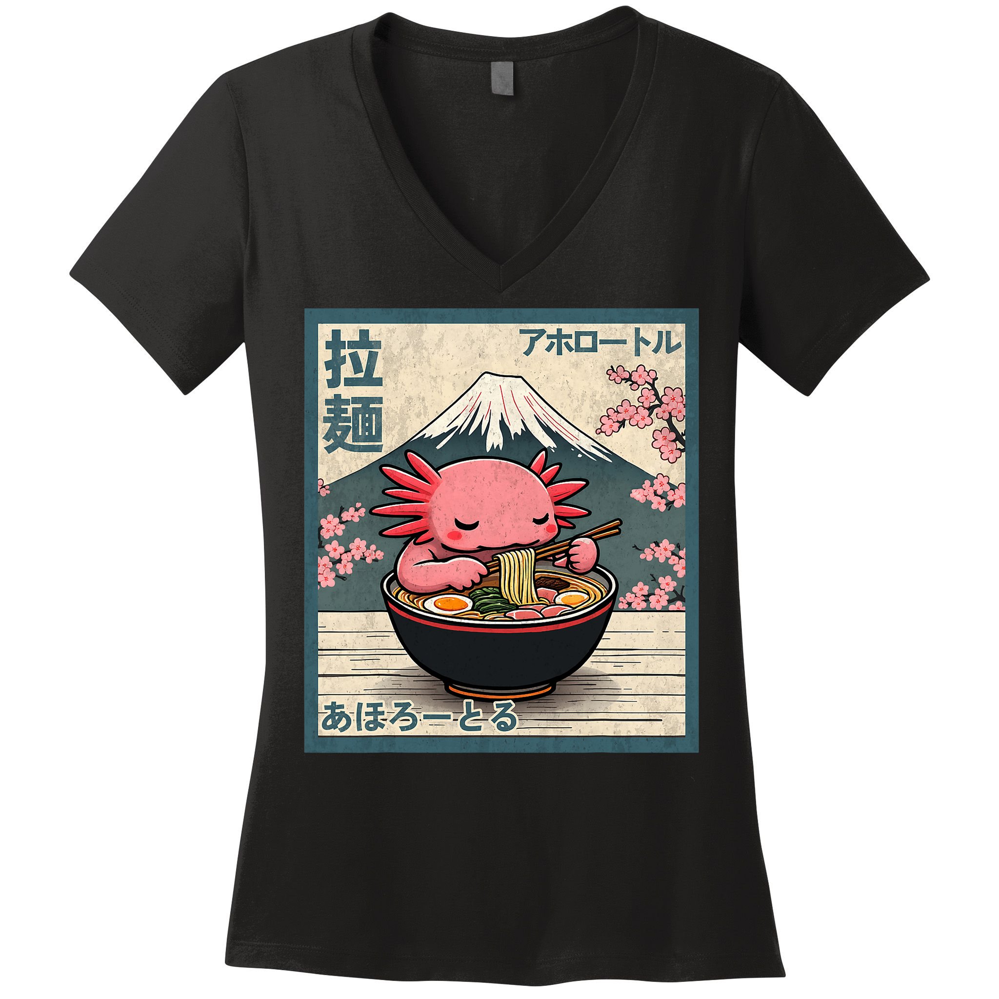 Axolotl Eating Ramen Retro Japanese Kawaii Anime Women's V-Neck T-Shirt
