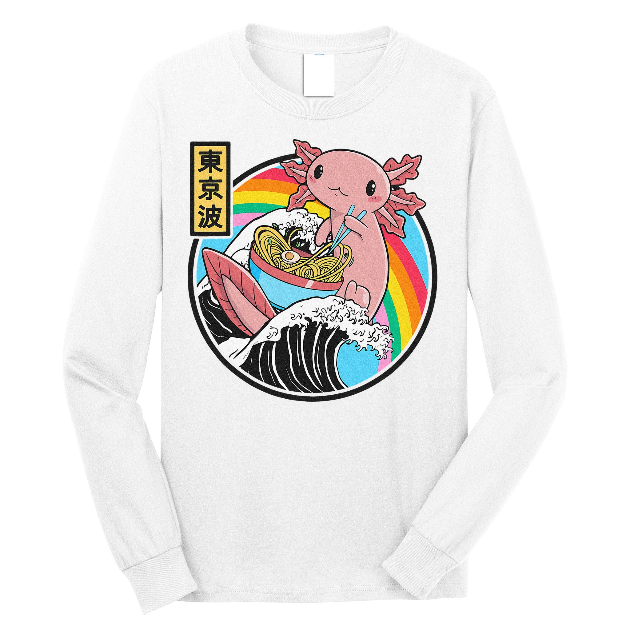 Axolotl Eating Ra Kanagawa Wave Kawaii Anime Vaporwave Long Sleeve Shirt