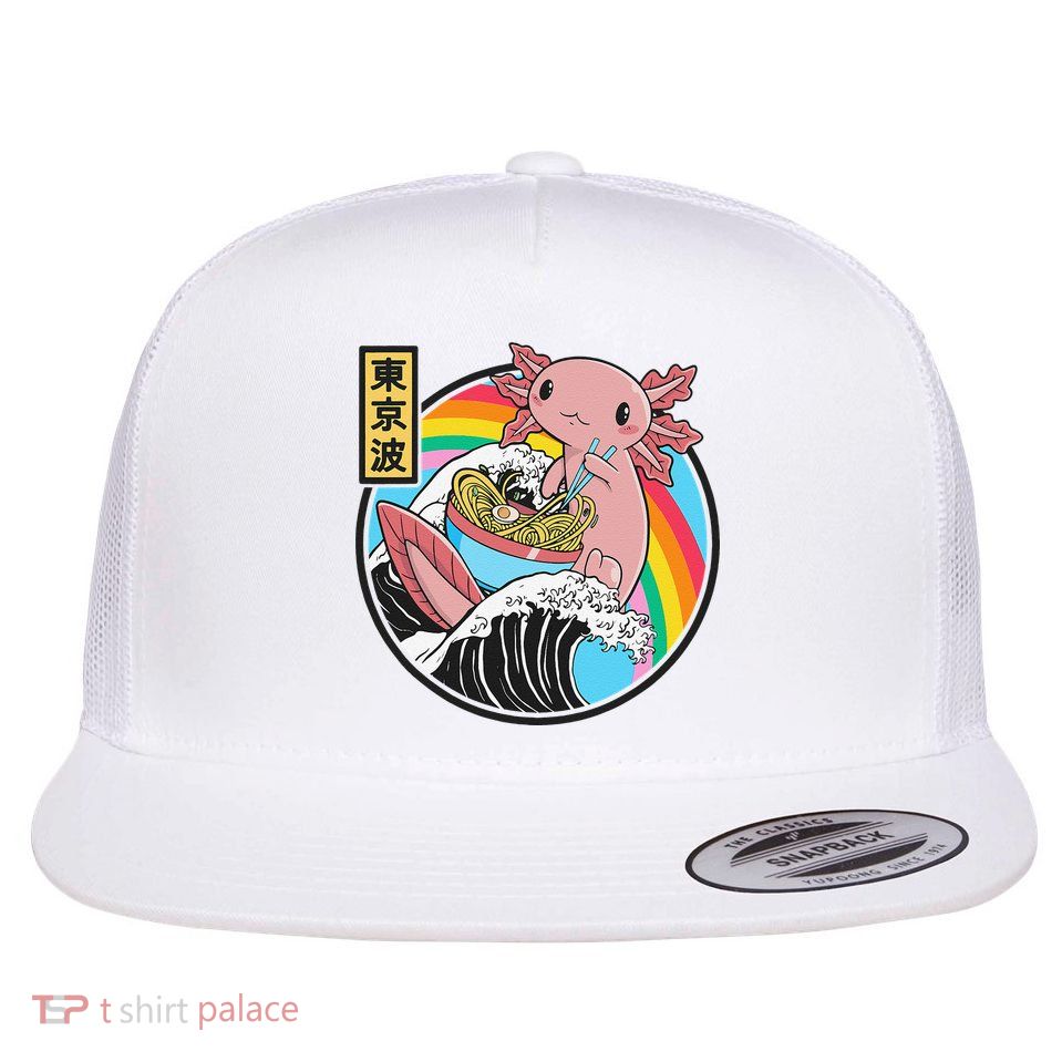 Axolotl Eating Ra Kanagawa Wave Kawaii Anime Vaporwave Flatbill Hat