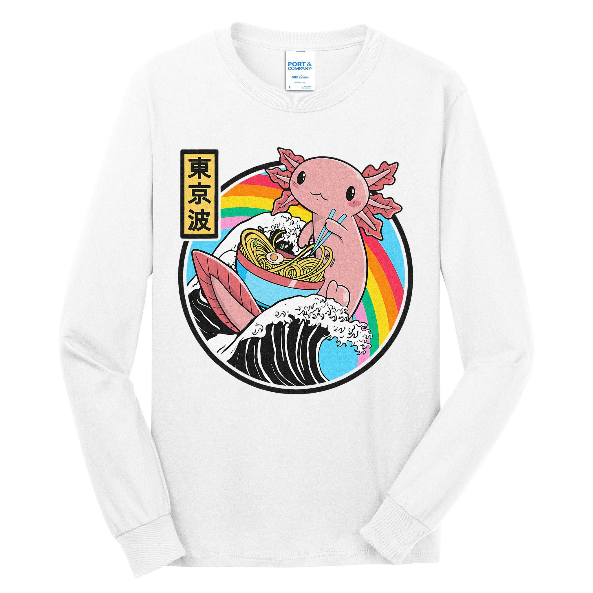 Axolotl Eating Ra Kanagawa Wave Kawaii Anime Vaporwave Tall Long Sleeve T-Shirt