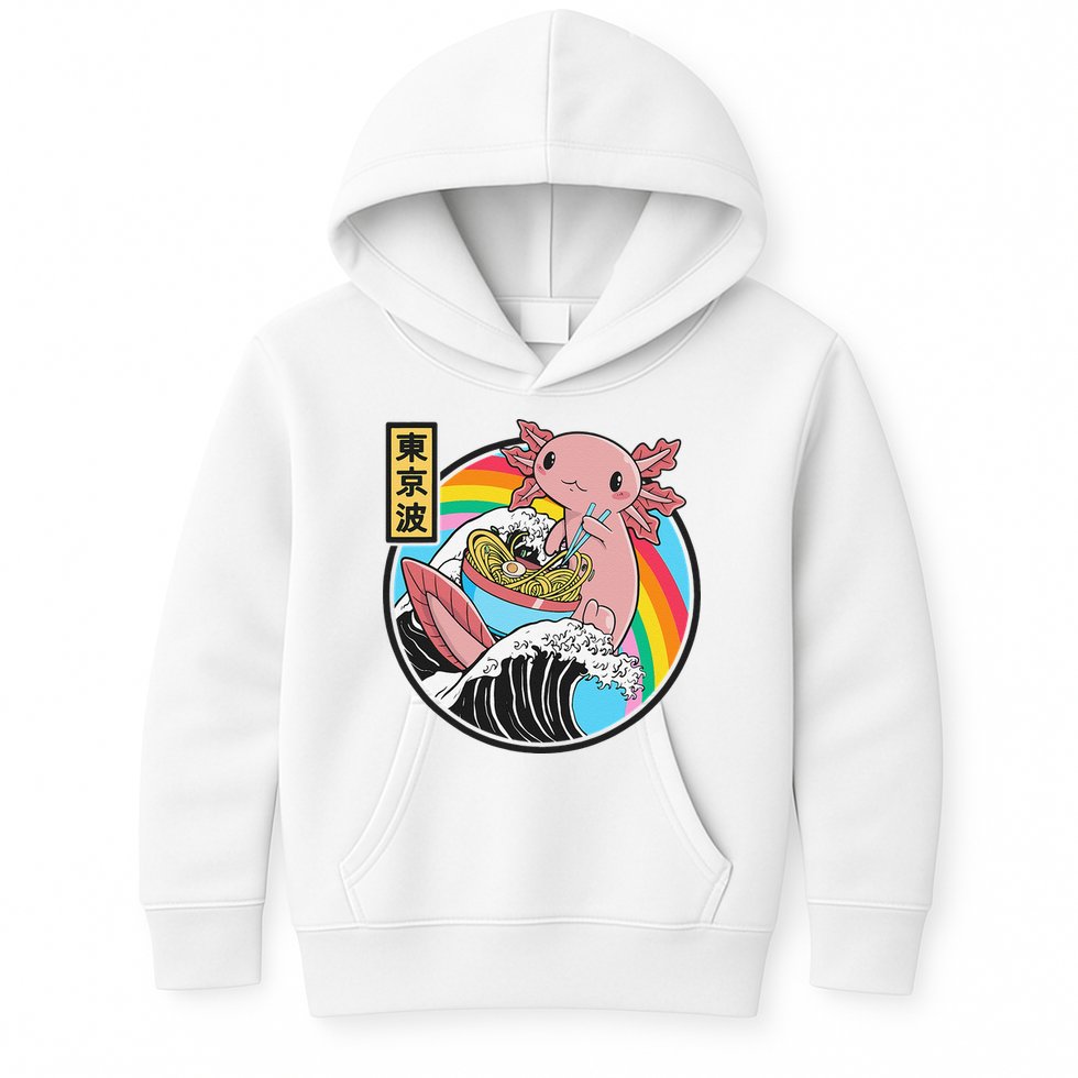 Axolotl Eating Ra Kanagawa Wave Kawaii Anime Vaporwave Kids Hoodie