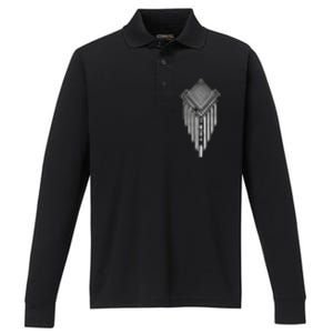 African Ethiopian Silver Metal Geometric Pattern Performance Long Sleeve Polo