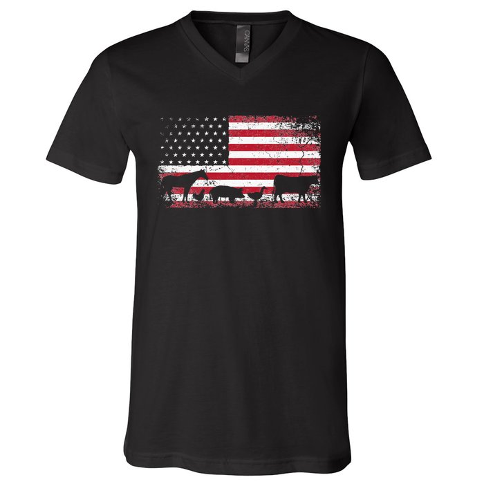 American Flag 4th of July Chicken Horse Cow Pig Farm Gift V-Neck T-Shirt