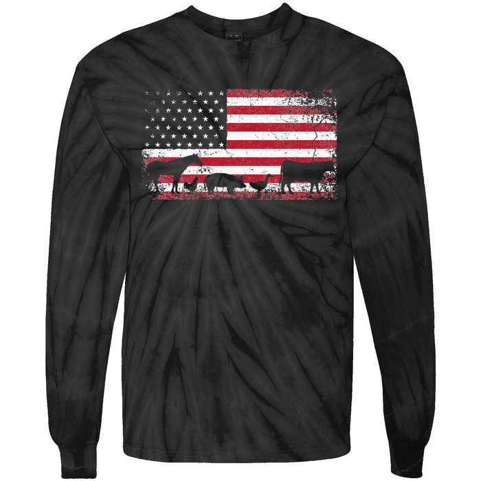 American Flag 4th of July Chicken Horse Cow Pig Farm Gift Tie-Dye Long Sleeve Shirt