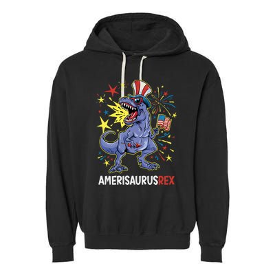 American Flag 4th of July T Rex Dinosaur Amerisaurus Rex Boy Garment-Dyed Fleece Hoodie