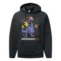 American Flag 4th of July T Rex Dinosaur Amerisaurus Rex Boy Performance Fleece Hoodie