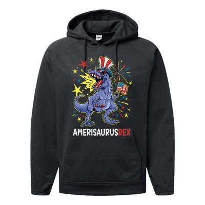 American Flag 4th of July T Rex Dinosaur Amerisaurus Rex Boy Performance Fleece Hoodie