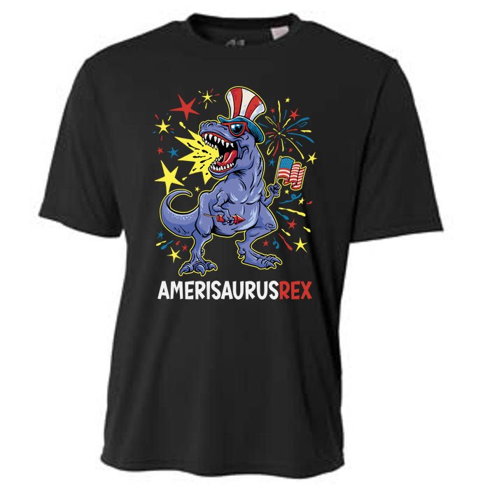 American Flag 4th of July T Rex Dinosaur Amerisaurus Rex Boy Cooling Performance Crew T-Shirt