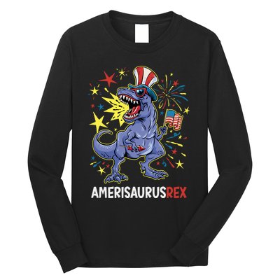 American Flag 4th of July T Rex Dinosaur Amerisaurus Rex Boy Long Sleeve Shirt